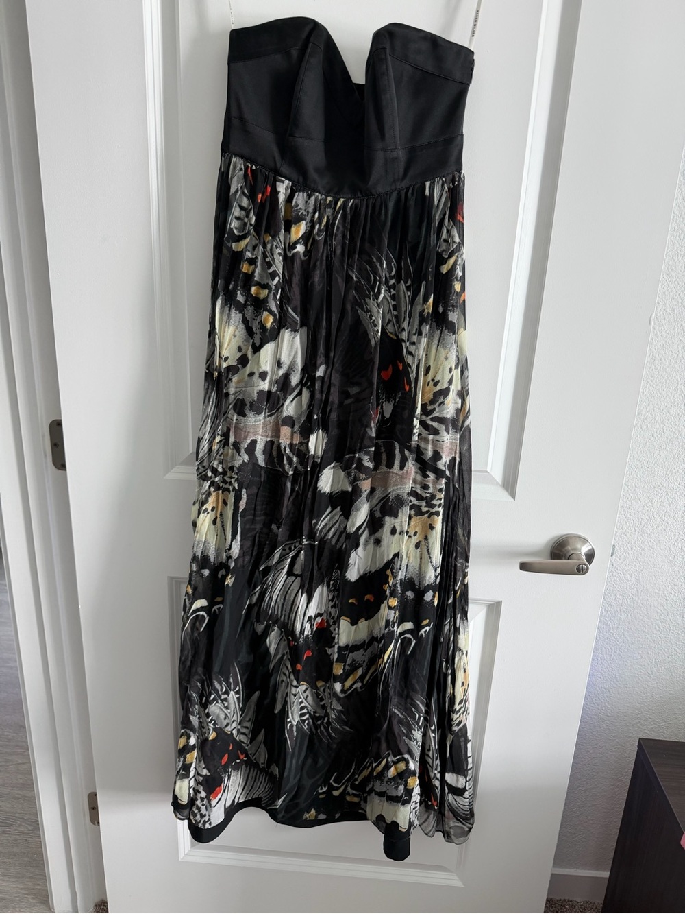 Karen Millen Black Strapless Maxi Dress with Abstract Print
